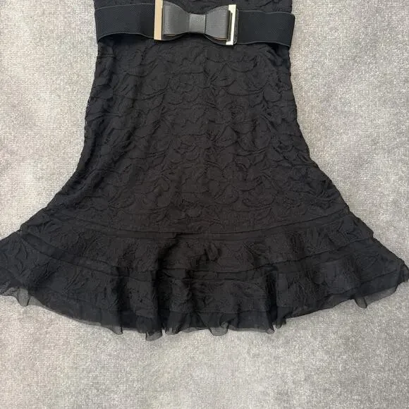 Joseph Ribkoff Dress Womens 8 Black Lace Fit Flare Belted Ruffle Hem Knee Length - Picture 3 of 11